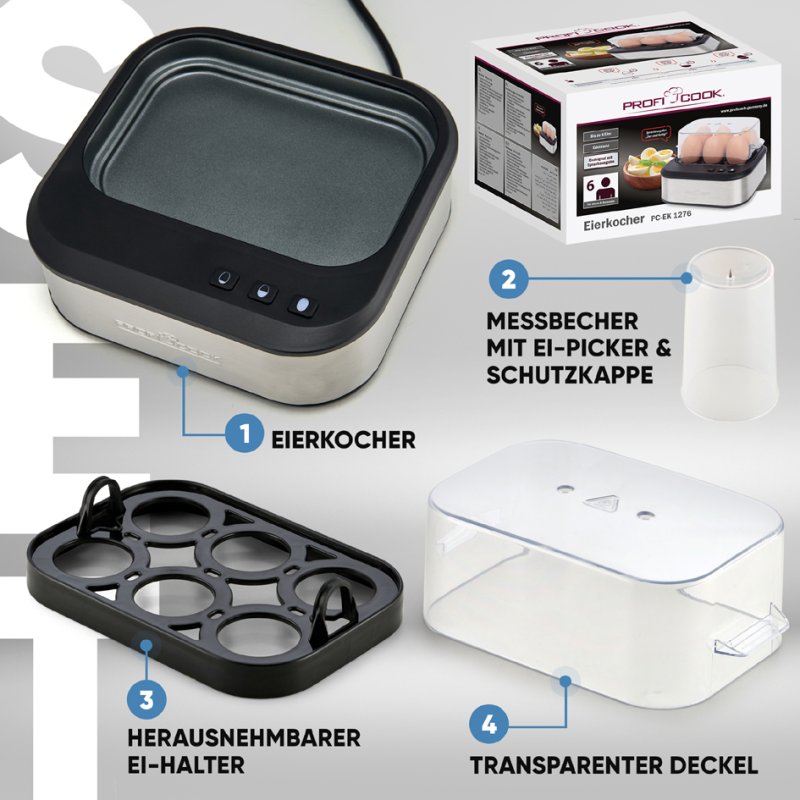 PROFI COOK cuiseur à œufs PC-EK 1276, fonction vocale, 6 œufs, acier inoxydable
